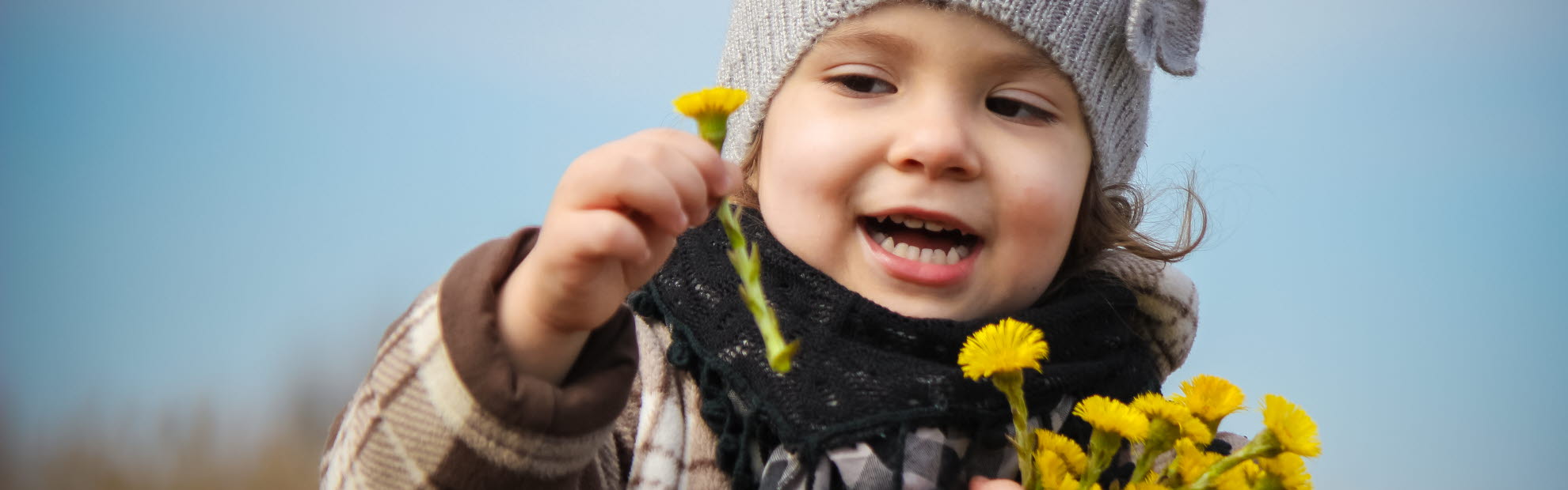 Flicka i rutig jacka och grå, stickad mössa som plockar tussilago.